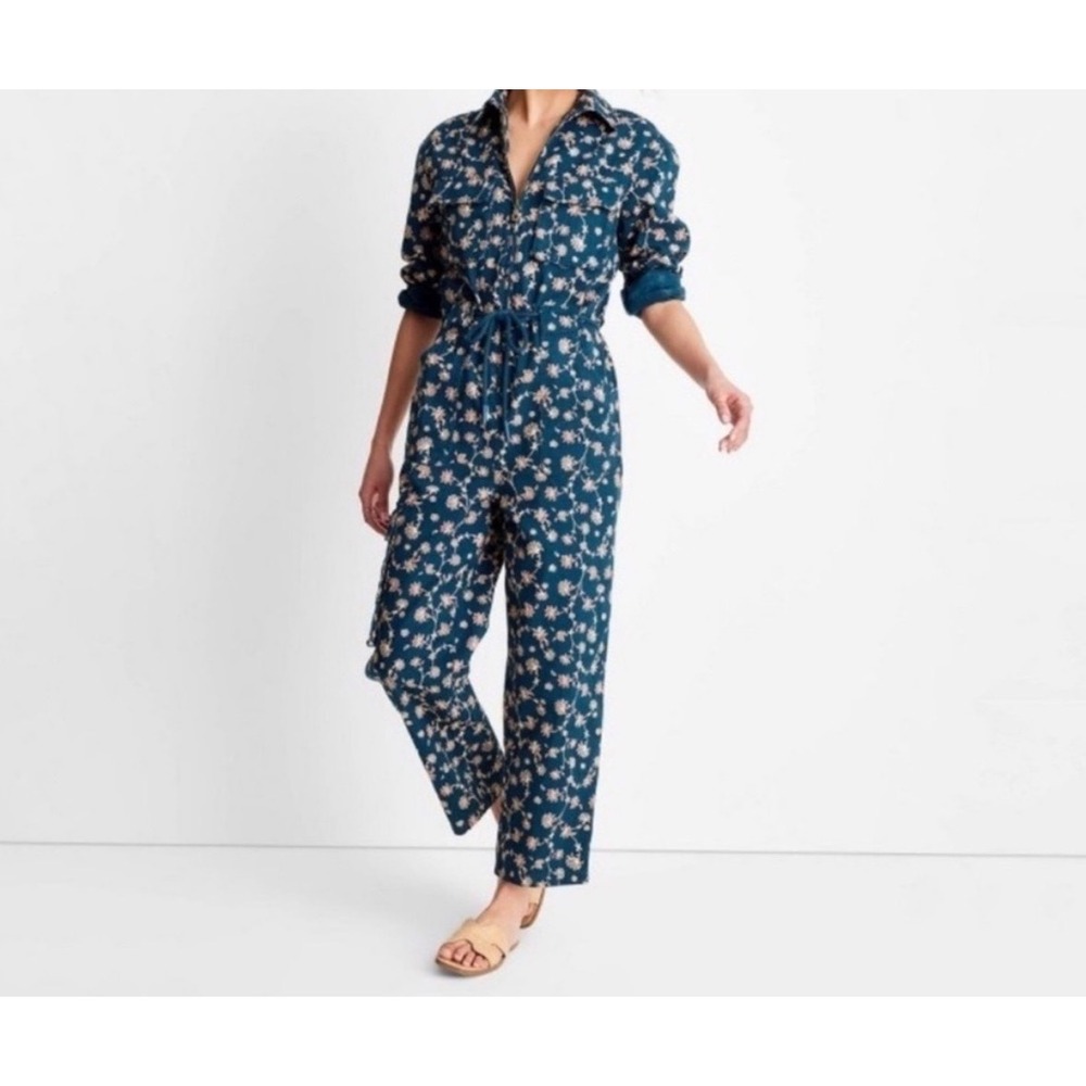 Future Collective Jenny K Lopez Floral Utility Jumpsuit Teal Blue Long Sleeve 2